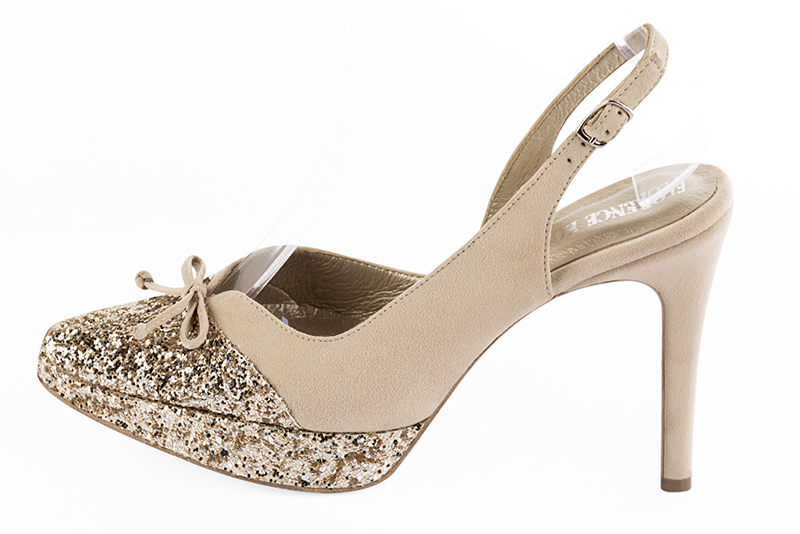 Gold and champagne white women's open back shoes, with a knot. Tapered toe. Very high slim heel with a platform at the front. Profile view - Florence KOOIJMAN